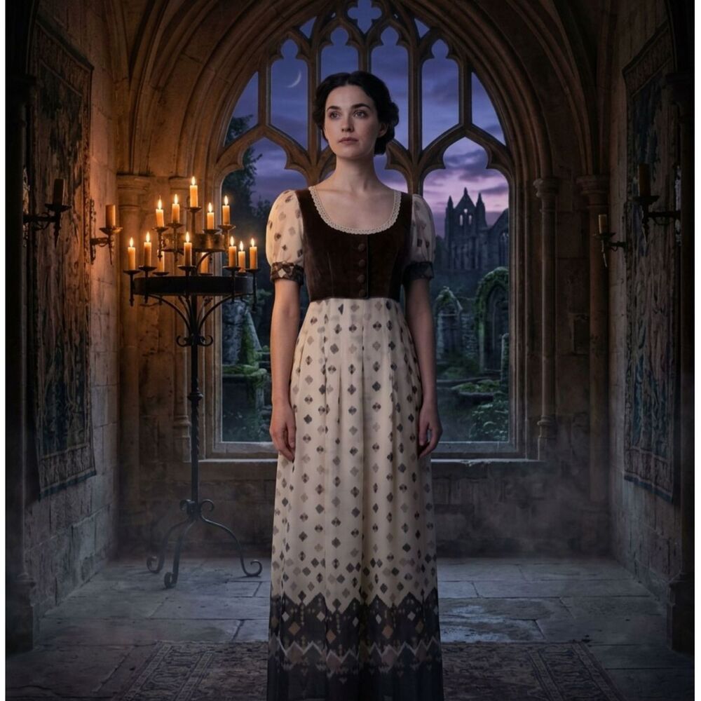 VTG 70s Miss Marlene Dress England Velour Renaissance Faire Cottagecore Maxi XS - Picture 13 of 13